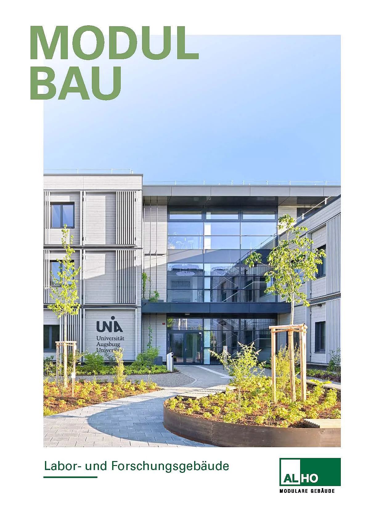 Titelgrafik zum Modulbau für Labor- und Forschungsgebäude mit Foto eines modernen Universitätsgebäudes