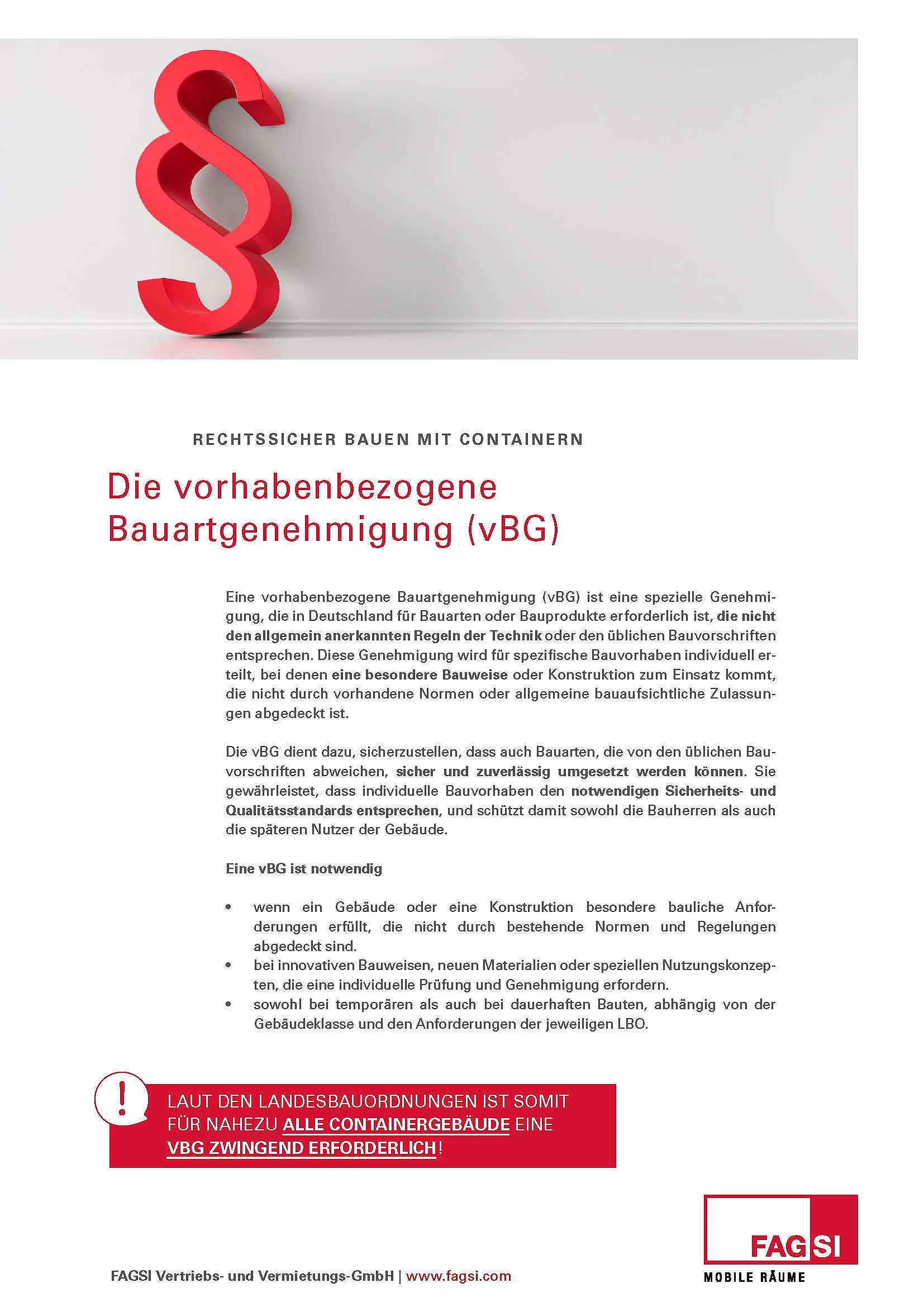 Informationsflyer zur vorhabenbezogenen Bauartgenehmigung mit rotem Paragraphenzeichen und FAGSI-Logo