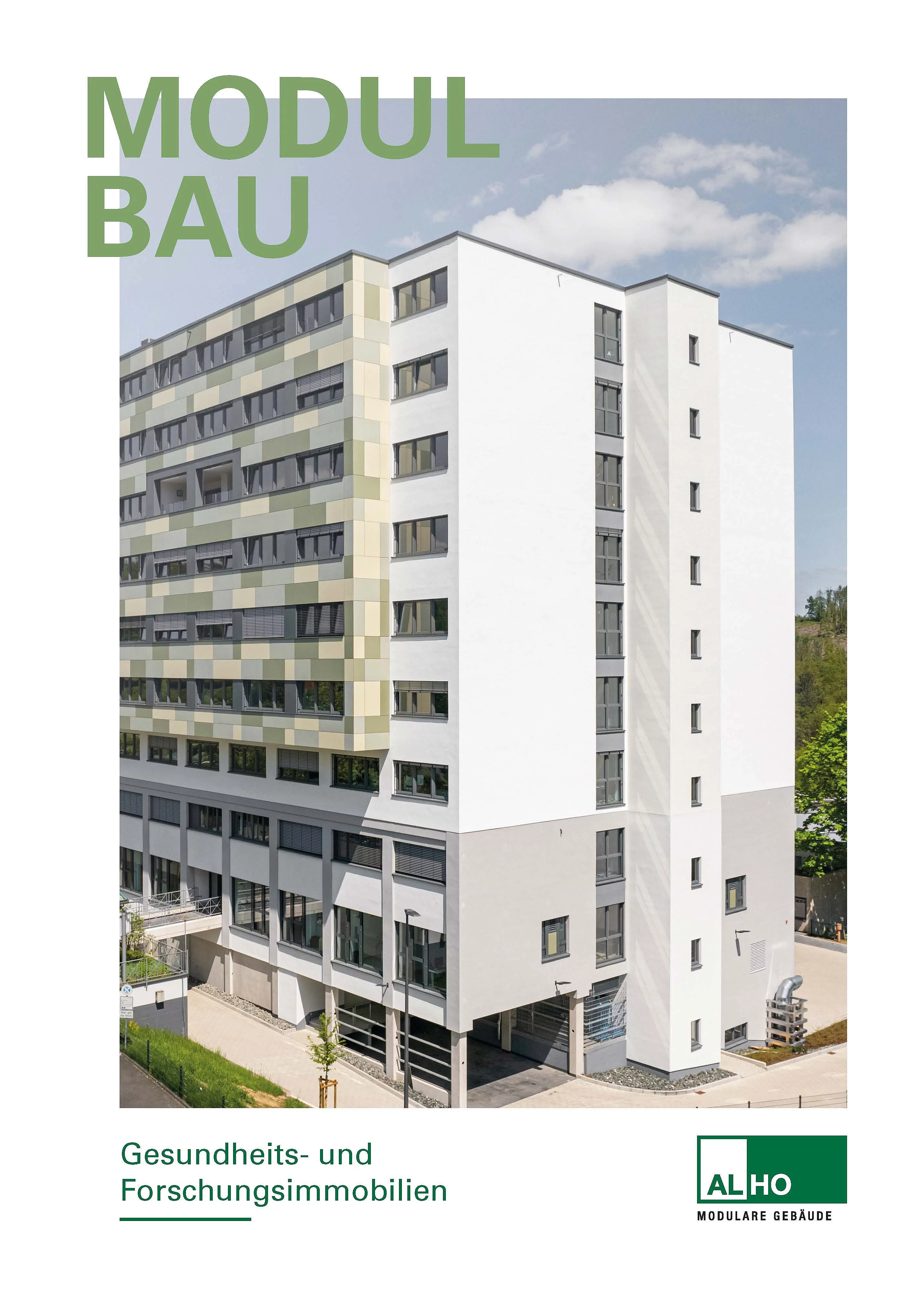 Titelgrafik zum Modulbau für Gesundheits- und Forschungsimmobilien mit modernem Gebäudefoto