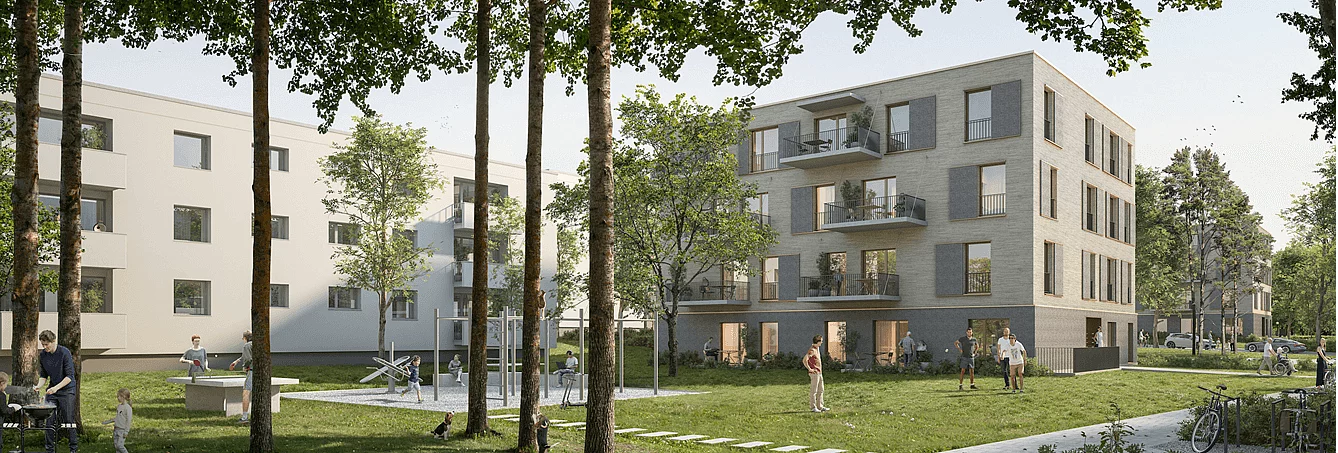 Visualisierung moderner Wohngebäude mit Spielplatz, Grünfläche und Menschen im Außenbereich