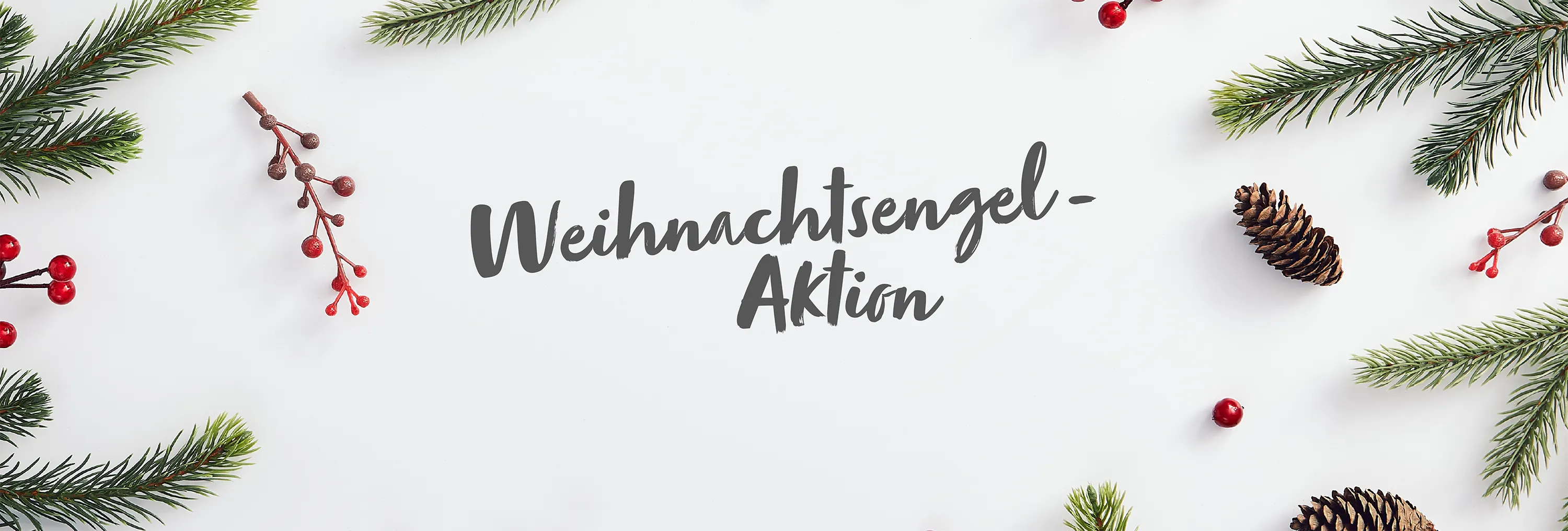 Weihnachtlicher Banner mit Tannenzweigen, Zapfen, roten Beeren und Schriftzug „Weihnachtsengel-Aktion“