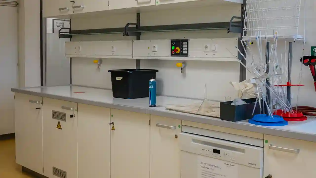 Naturwissenschaftlicher Fachraum mit Laborarbeitsplatz, Arbeitsflächen, Strom- und Wasseranschlüssen sowie Aufbewahrungssystemen für Unterrichtsmaterialien.