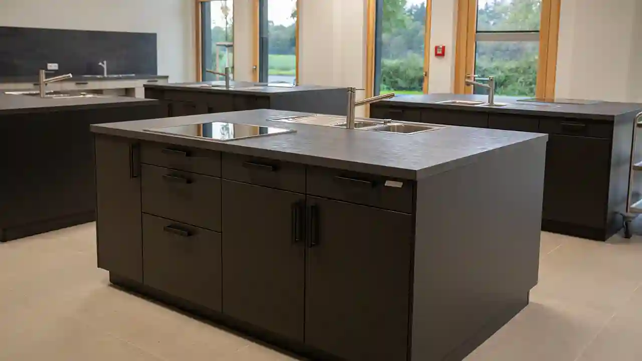 Modern ausgestatteter Schulküchenraum mit Kochinseln, Spülbecken und großzügigen Arbeitsflächen für den praktischen Unterricht.